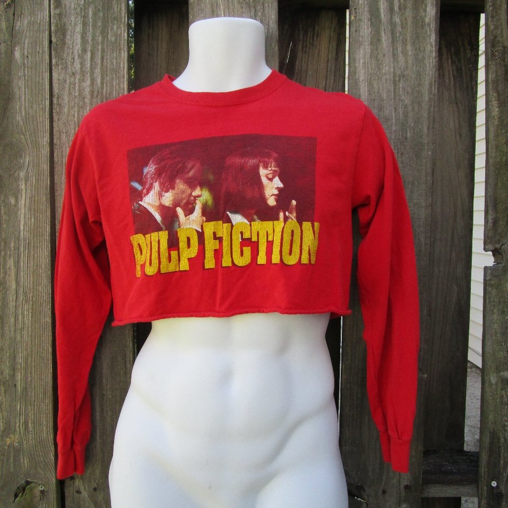 Pulp Fiction T-Shirt Long Sleeve Crop Top Red John Travolta Uma Thurman Small